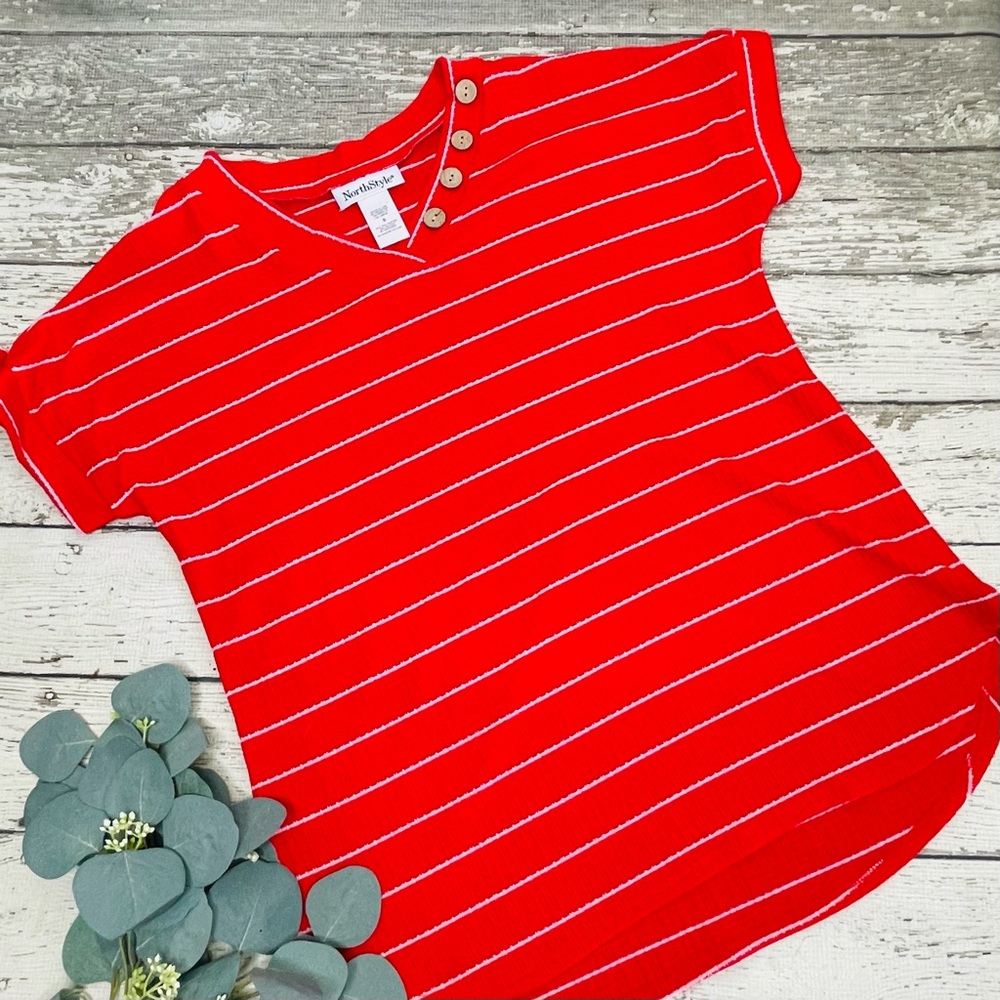 NorthStyle Striped Button Detail Short Sleeve Tee